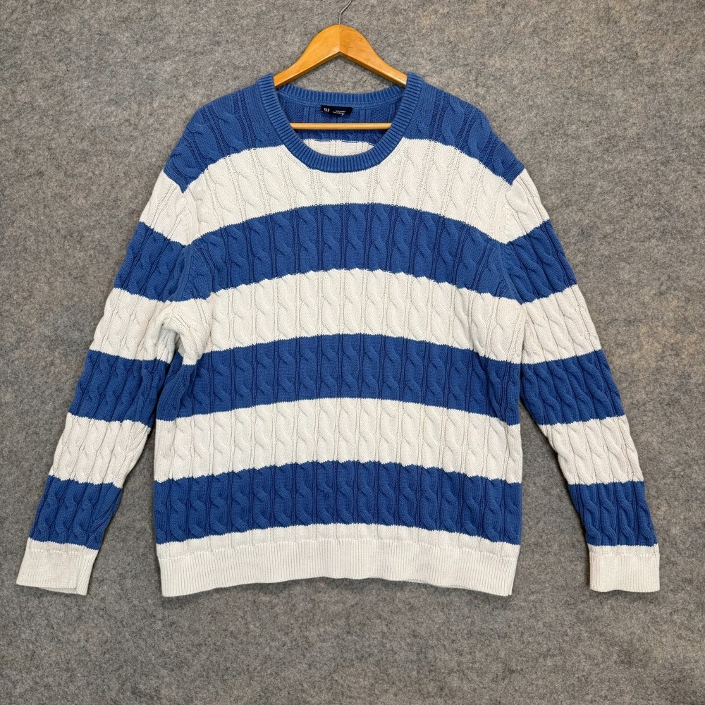Vintage Gap Chunky Cable Knit Sweater Mens 2XL‎ XXL Striped Blue White Y2K Knit